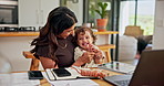 Remote work, baby and mother with laptop, playing and bonding together in living room. Apartment, family and parent with kid on lap, pc and network with multitasking, email and tech with games