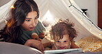 Tent, kid and happy mother with tablet in home for watching cartoon, educational app or playing online games. Love, woman and bonding with baby in blanket fort for relationship, development and relax