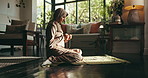 Home, prayer and Muslim woman with beads in home for religious belief, worship and praise to Allah. Peace, spiritual and Islamic person with misbaha for praying, salaah and fasting for Ramadan Kareem