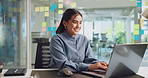 Office, businesswoman and typing with laptop for information, article research and proofreading. Smile, female person and journalist in creative agency for news publication, blog website and editing