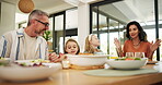 Happy, family and eating food for child at dinner table, healthy lunch and nutrition meal in lounge. Smile, parents and kids with diet vegetables for brunch, bonding together and discussion at house