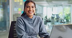 Office, businesswoman and face with laptop for information, article research and proofreading. Portrait, female person and journalist in creative agency for news publication, blog website and smile