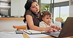 Remote work from home, phone call and mother with kid, multitasking and conversation. Family, parent and mama with baby, child or cellphone with discussion, deadline and talking with tech or stress