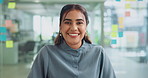 Face, business and woman with smile in office for ambition, finance consultant and company growth. Portrait, female person and laugh with pride, about us and asset management for financial investment