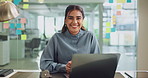 Office, businesswoman and face with laptop for research, article information and proofreading. Portrait, female person and journalist in creative agency for news publication, blog website and smile