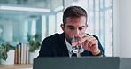 Office, businessman and laptop for research with water, hydration and wellness for tax accountant. Career, male person and auditor with h2o drink for financial report, review revenue or auditing info