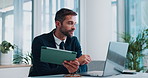 Office, businessman and laptop with tablet for reading, financial investment or tax accountant. Career, male person and auditor with digital for finance research, review revenue or report information