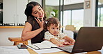 Remote work from home, phone call and mother with baby, multitasking and conversation. Family, parent and mama with kid, child or cellphone with discussion, workflow crisis and talking with laptop