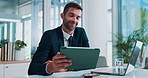 Office, businessman and accountant with tablet for research, financial investment and information. Career, male person and auditor with digital for finance report, review revenue and laptop for tax