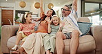 Parents, children and playful with singing on couch with care, love and bonding in living room at family home. People, mother and father with kids, girl and dance for game, cheers and happy in house