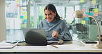 Celebration, laptop and motivation with business woman at desk in office for deal, goals or target. Energy, excited and fist pump with happy person cheering in workplace for success as winner
