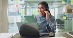 Laptop, woman and receptionist with tablet in office with online enquiry for client booking. Computer, headset and female virtual assistant with call for appointment scheduling with company.