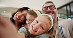 Happy family, face and home with wave for selfie, picture or photography memory together at house. Portrait, mom and dad with children, kids or smile for capture, bonding or enjoying holiday weekend