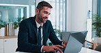 Thinking, typing and business man on laptop for investment banking, problem solving and reflection. Idea, planning and happy corporate worker with financial decision, inspiration or insight in office