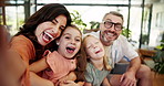 Happy family, face and home with laugh for selfie, picture or photography memory together at house. Portrait, mom and dad with children, kids or smile for capture, bonding or enjoying holiday weekend