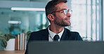 Smile, thinking and business man on laptop for investment banking, problem solving and reading email. Vision, planning and corporate worker with financial decision, inspiration and insight in office