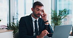 Eye strain, laptop and stress with business man at desk in office for administration or report. Anxiety, headache or migraine and employee with pressure of deadline in workplace for problem solving
