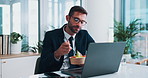Eating, laptop and businessman in office with breakfast for health, wellness or diet snack. Computer, reading and male financial manager enjoying morning meal with online investment proposal.