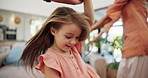 Dance, love and spinning with family in living room for bonding, energy and care. Happiness, teaching and trust with parents and children in lounge of home for holding hands, music and smile together