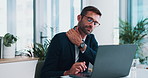 Injury, neck pain and man with laptop, business and browsing for interest rates with tech or accountant. Inflammation, bookkeeper and person with info for financial report, corporate and hurt at work