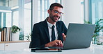 Office, businessman and accountant with laptop for reading, financial investment and information. Career, happy person and auditor with digital for finance research, review revenue and report for tax