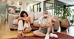 Tired, parents and kids with ADHD on sofa for chaos, energy or hyperactive children at home. Frustrated, mom and dad with siblings running wild in living room or timelapse for difficult parenthood
