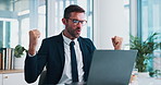 Businessman, celebration and fist pump with laptop in office, accountant and success for tax deadline. Excited, auditor and digital with hand gesture for investment growth, promotion and finance goal