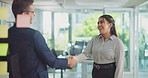 Professional, people or welcome handshake in office for meeting, client collaboration or partnership. Digital agency, inbound advisor or b2b introduction for rebranding project or startup opportunity