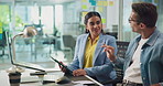 Collaboration, graphic design and tablet with business people in office together for discussion or planning. App, conversation or teamwork with man and woman employee at work for digital solution
