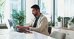 Laptop, typing and online with business man in office for client feedback, virtual advisor or news. Research, investment portfolio and tax refund with employee in agency for account admin and report