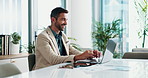 Laptop, smile and typing with business man in office for financial records, accounting report or review. Company admin, stakeholder solution and online with employee for planning project and research