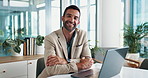 Laptop, arms crossed and face with business man in office for financial records, accounting report and review. Company admin, stakeholder solution and online with employee for planning project