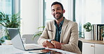Laptop, face and online with business man in office for client feedback, virtual advisor or news. Research, investment portfolio and tax refund with employee in agency for account admin and report