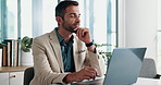 Laptop, drinking water and thinking with business man in office for reflection, company report and newsletter Vision, review and accountant with employee in agency for planning, admin and project