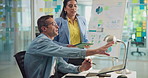 Designer, laptop and question with business people in office together for discussion or planning. Conversation, feedback or tablet with creative man and woman employee at work for problem solving