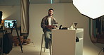 Face, man and photographer on tablet in studio with photoshoot results, editing and catalog. Photography, digital and retouch process in backstage to review picture, production and magazine industry