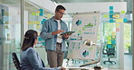 Analytics, tablet and training with business people in office together for presentation on whiteboard. Illustration, graphic or social media with man and woman at work for coaching or development