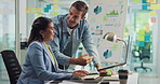 Collaboration, designer and laptop with business people in office together for discussion or planning. Computer, conversation or feedback with man and woman employee at work for problem solving