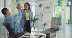 Collaboration, high five and tablet with business people in office together for deal or success. Achievement, laptop or motivation with man and woman employee at work for problem solving solution