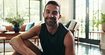 Happy man, face and home with water in fitness for workout break, exercise or hydration. Portrait, male person or smile with bottle for training, weightlifting or rest on yoga mat or floor at house
