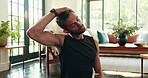 Man, fitness and stretching with neck for exercise, training or workout preparation on floor at home. Active, male person or physical wellbeing with warm up for yoga, health and wellness at house
