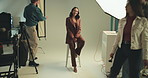 Lighting, photography and smile with model on set for fashion magazine or style photoshoot. Camera, direction or production with photographer behind the scenes for artistic or creative catalog