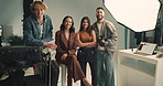Lighting, photography and smile with people on set for fashion magazine or style photoshoot. Camera, direction or production with photographer and model behind the scenes for artistic catalog