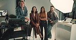 Face, lighting and photography with people on set for fashion magazine or style photoshoot. Direction, production or smile with photographer and happy model behind the scenes for creative catalog