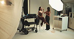 Makeup, photography and smile with model on set for fashion magazine or style photoshoot. Cosmetics, lighting and production with happy women behind the scenes for artistic or creative catalog