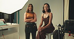 Face, photography and smile with makeup artist on set for fashion magazine or style photoshoot. Camera, direction or production with model and woman behind the scenes for artistic or creative catalog