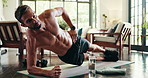 Plank, fitness and man in home, balance or core strength for muscle in apartment, exercise or training. Stretching, healthy and person with abs in house, workout or routine for posture in living room
