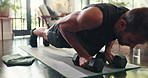 Weights, sports and man with push ups in home for morning workout in living room with challenge. Fitness, dumbbells and person with training routine for core strengthening exercise on mat in house.