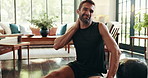 Home, man and injury with neck pain after fitness, physical activity or cramps for muscle tension. House, male person and ache relief with hand massage for fibromyalgia, workout accident or arthritis