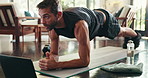 Laptop, fitness and man with plank in home for online workout tutorial for morning training. Computer, health and male person streaming routine for core strengthening exercise on yoga mat in house.